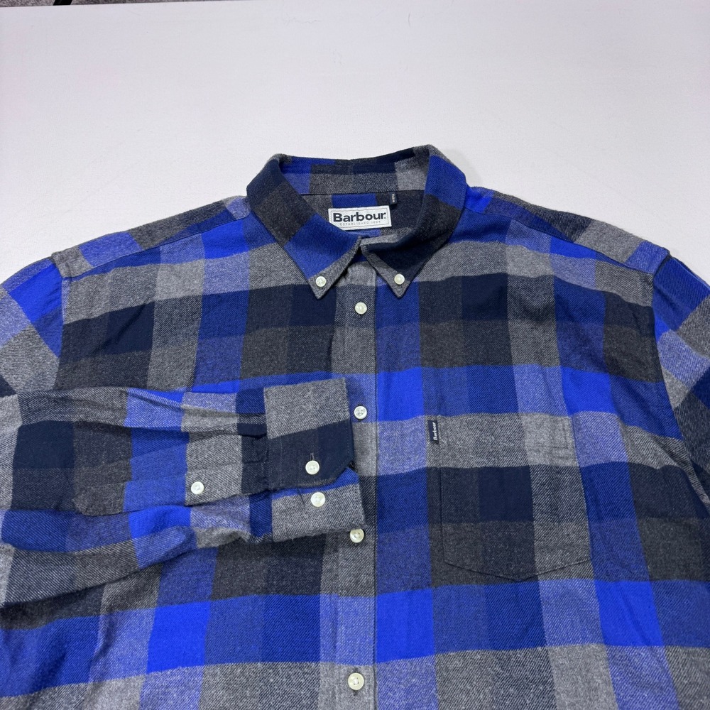 Barbour Stapleton Angus Men XL Blue Plaid Flannel Button Down Tailored Shirt